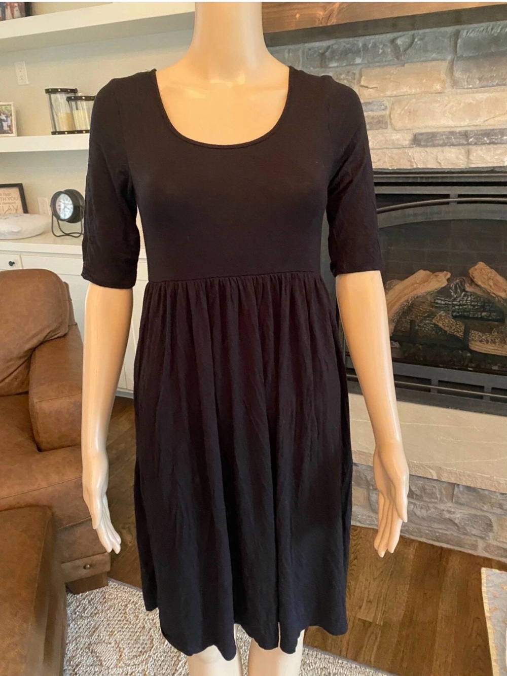 ADC Scoop Neck Black Midi Dress with Elbow Sleeves Size Small